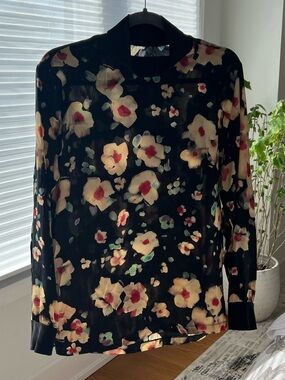 SHAN Black 100% silk Floral Blouse with Cream and Red Accents